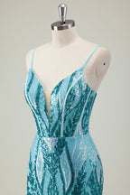 Sparkly Mermaid Spaghetti Straps Sequins Long Corset Prom Dress with Slit