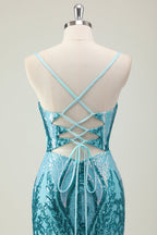 Sparkly Mermaid Spaghetti Straps Sequins Long Corset Prom Dress with Slit