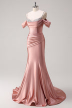 Robe de bal longue sirène en satin rose poudré à fines bretelles froncées et sequins
