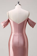 Robe de bal longue sirène en satin rose poudré à fines bretelles froncées et sequins