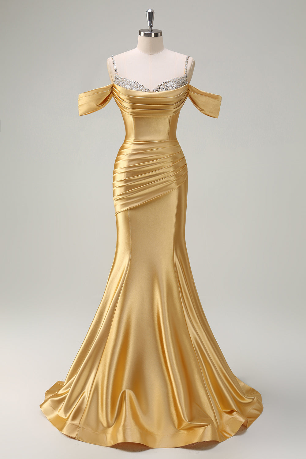 Robe de bal longue sirène en satin rose poudré à fines bretelles froncées et sequins