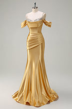 Robe de bal longue sirène en satin rose poudré à fines bretelles froncées et sequins