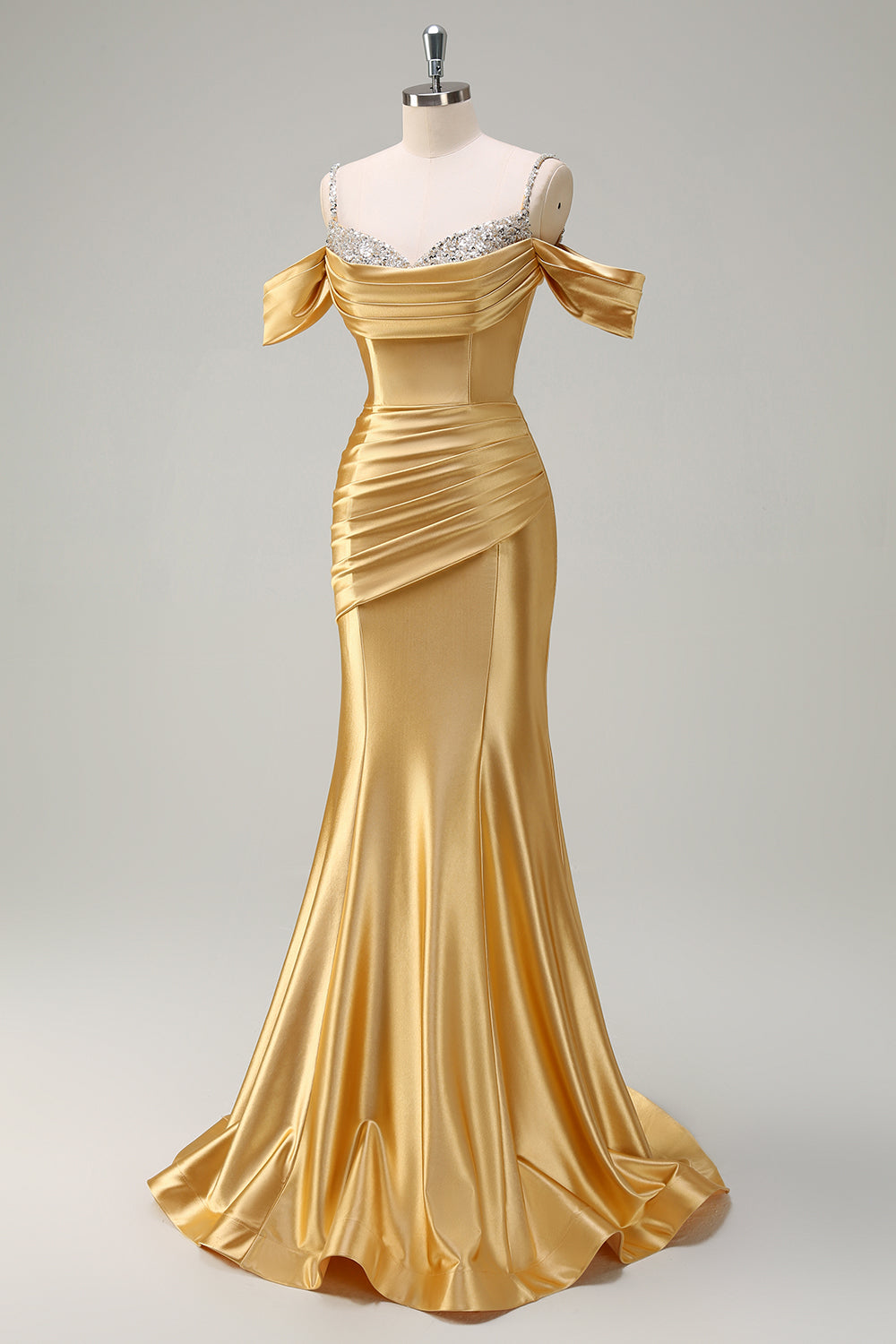 Robe de bal longue sirène en satin rose poudré à fines bretelles froncées et sequins