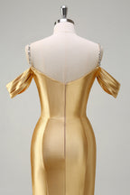 Robe de bal longue sirène en satin rose poudré à fines bretelles froncées et sequins