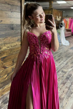 Sparkly Spaghetti Straps A-Line Pleated Long Corset Prom Dress with Appliques