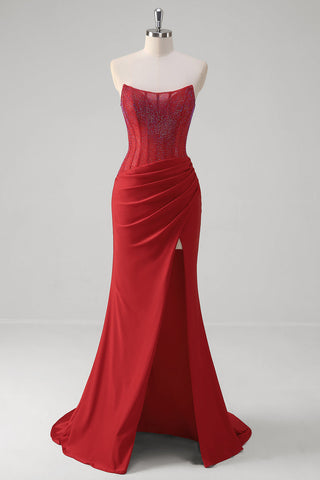 Mermaid Strapless Satin Long Corset Prom Dress with Beading