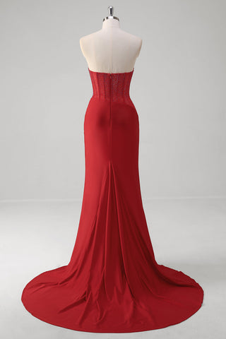 Mermaid Strapless Satin Long Corset Prom Dress with Beading