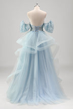 Robe de bal longue à corset en tulle à volants et sequins en forme de cœur, coupe trapèze, bustier à volants, ornée de sequins et d'un décolleté en cœur