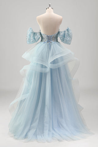 Vestido de graduación largo de tul con corsé escalonado, lentejuelas y escote corazón