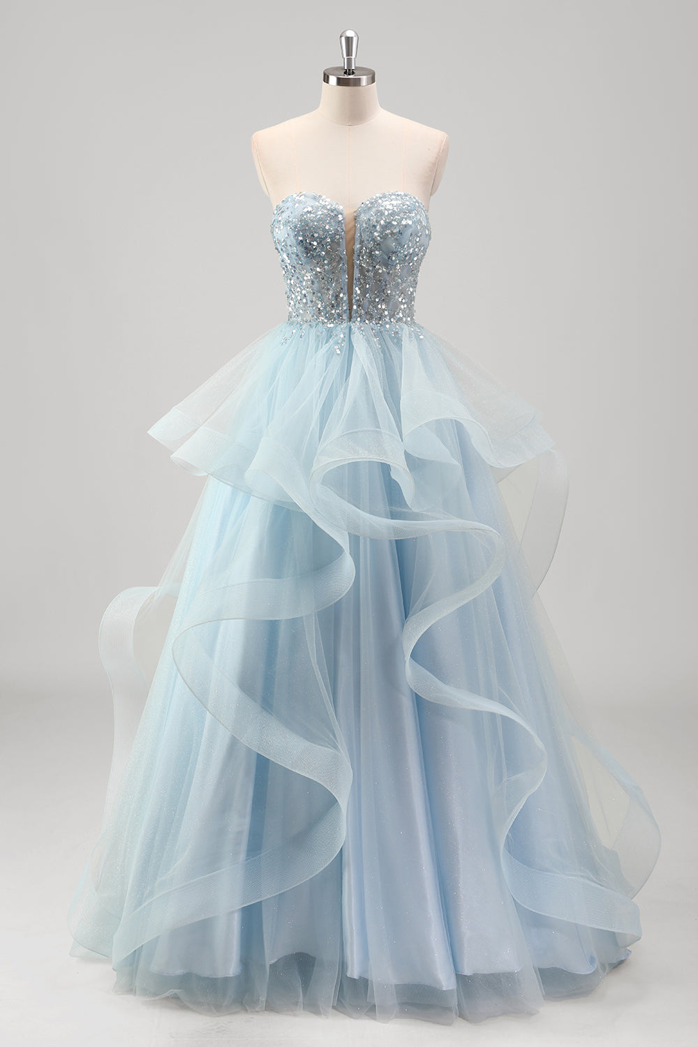 Robe de bal longue à corset en tulle à volants et sequins en forme de cœur, coupe trapèze, bustier à volants, ornée de sequins et d'un décolleté en cœur