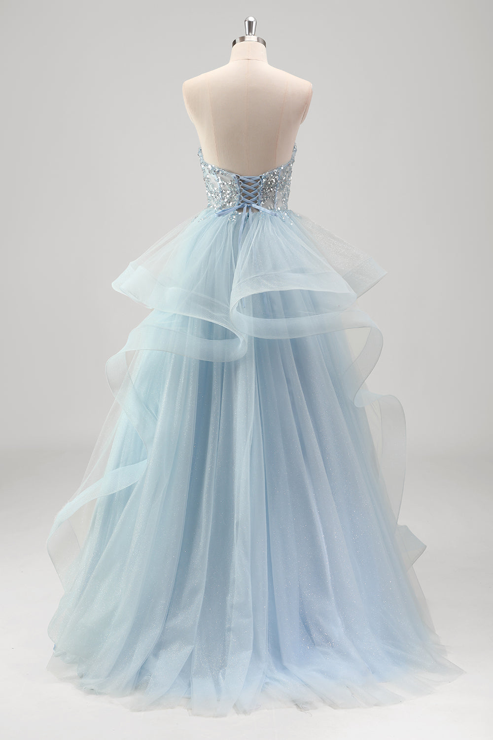 Robe de bal longue à corset en tulle à volants et sequins en forme de cœur, coupe trapèze, bustier à volants, ornée de sequins et d'un décolleté en cœur
