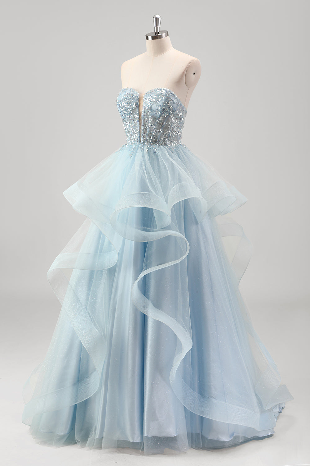 Robe de bal longue à corset en tulle à volants et sequins en forme de cœur, coupe trapèze, bustier à volants, ornée de sequins et d'un décolleté en cœur