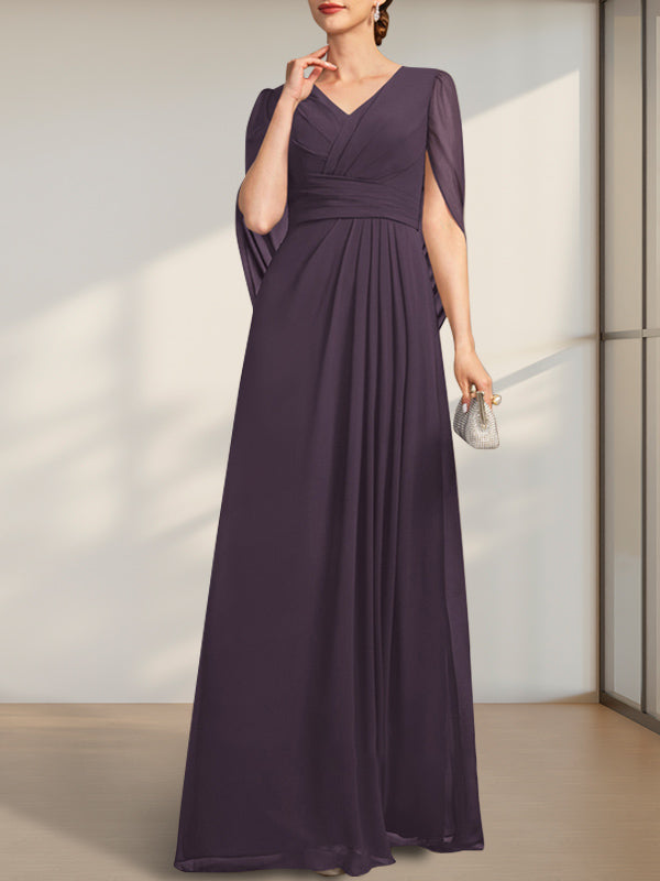 Vestido de gasa de corte A, escote en V y largo hasta el suelo para la madre de la novia, con pliegues