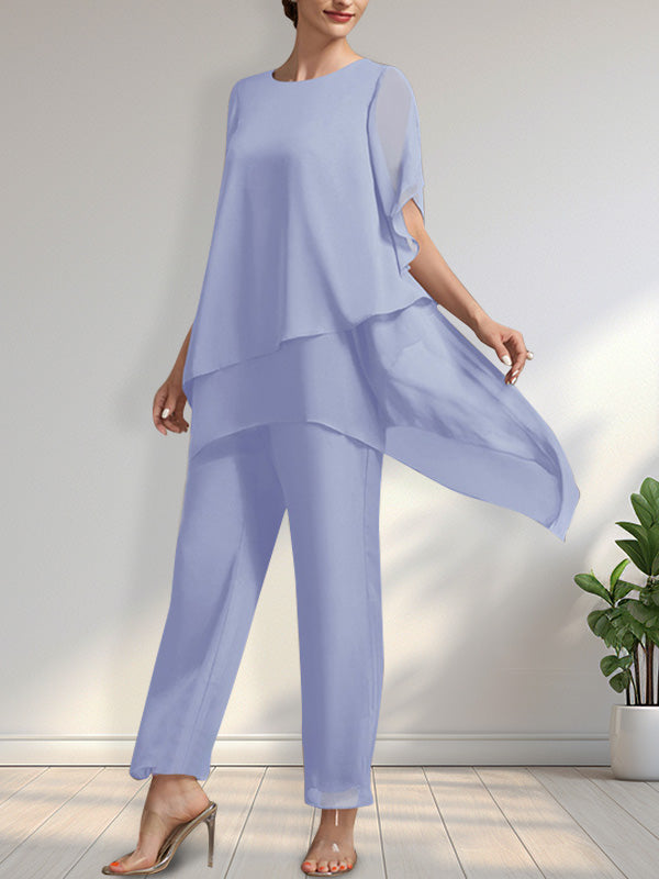 Vestido de gasa de dos piezas para la madre de la novia: mono/traje pantalón con escote redondo y largo hasta el tobillo.
