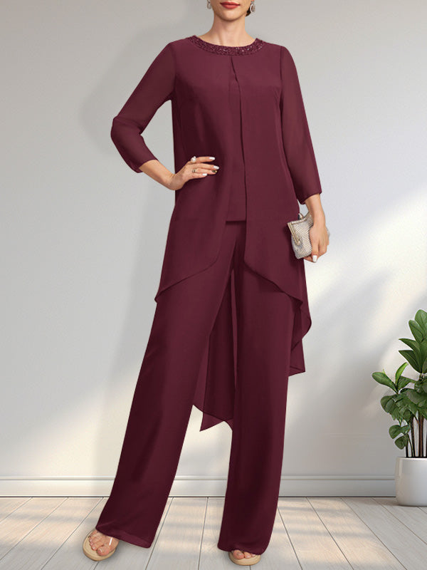Vestido de dos piezas para la madre de la novia: mono/pantalón de gasa con escote redondo y largo hasta el suelo, adornado con lentejuelas y pedrería.