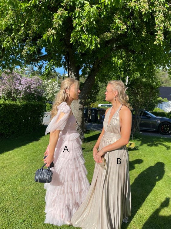 Diferentes estilos de vestidos de noche. Vestido de graduación con escote halter. Vestido de graduación rosa de tul con capas, corte en A, modelo Y288.