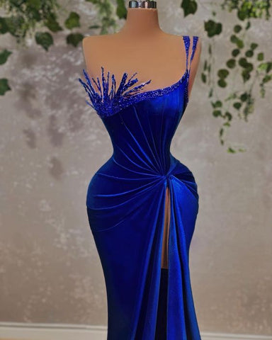 Robe de soirée glamour en velours bleu royal, robe de soirée à bretelles au design unique et fente haute Y719