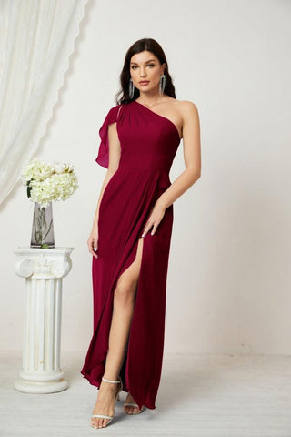 Robe de demoiselle d'honneur longue en mousseline de soie à volants et à une épaule, coupe trapèze, robe de soirée formelle fendue sur le côté, 2809