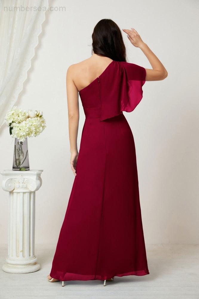 Baoleely  Chiffon Ruffled One Shoulder Long Bridesmaid Dresses A-line Formal Evening Gown Side Split 2809