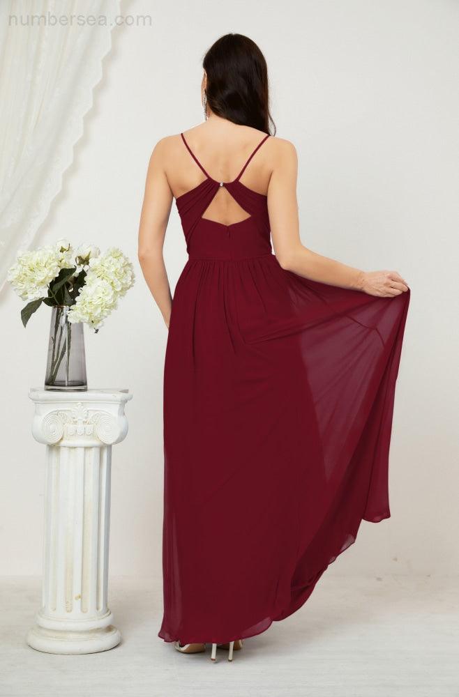 Robe de demoiselle d'honneur en mousseline de soie, longue, coupe trapèze, col en V, pour soirée de mariage, 2801 