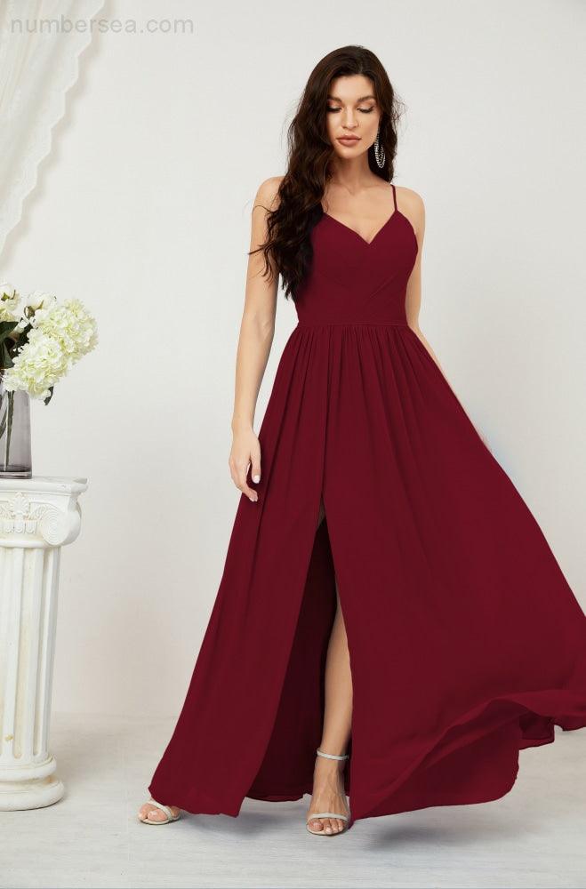 Robe de demoiselle d'honneur en mousseline de soie, longue, coupe trapèze, col en V, pour soirée de mariage, 2801 