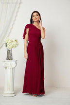 Baoleely  Chiffon Ruffled One Shoulder Long Bridesmaid Dresses A-line Formal Evening Gown Side Split 2809