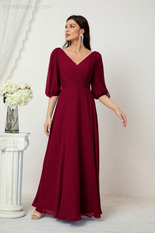 Baoleely  Formal Prom Gown Women V-Neck Chiffon Bridesmaid Dresses Long Bishop Sleeve Party Dress 2807