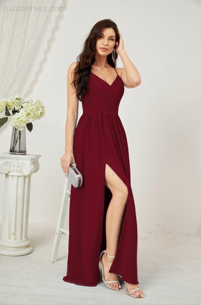 Robe de demoiselle d'honneur en mousseline de soie, longue, coupe trapèze, col en V, pour soirée de mariage, 2801 