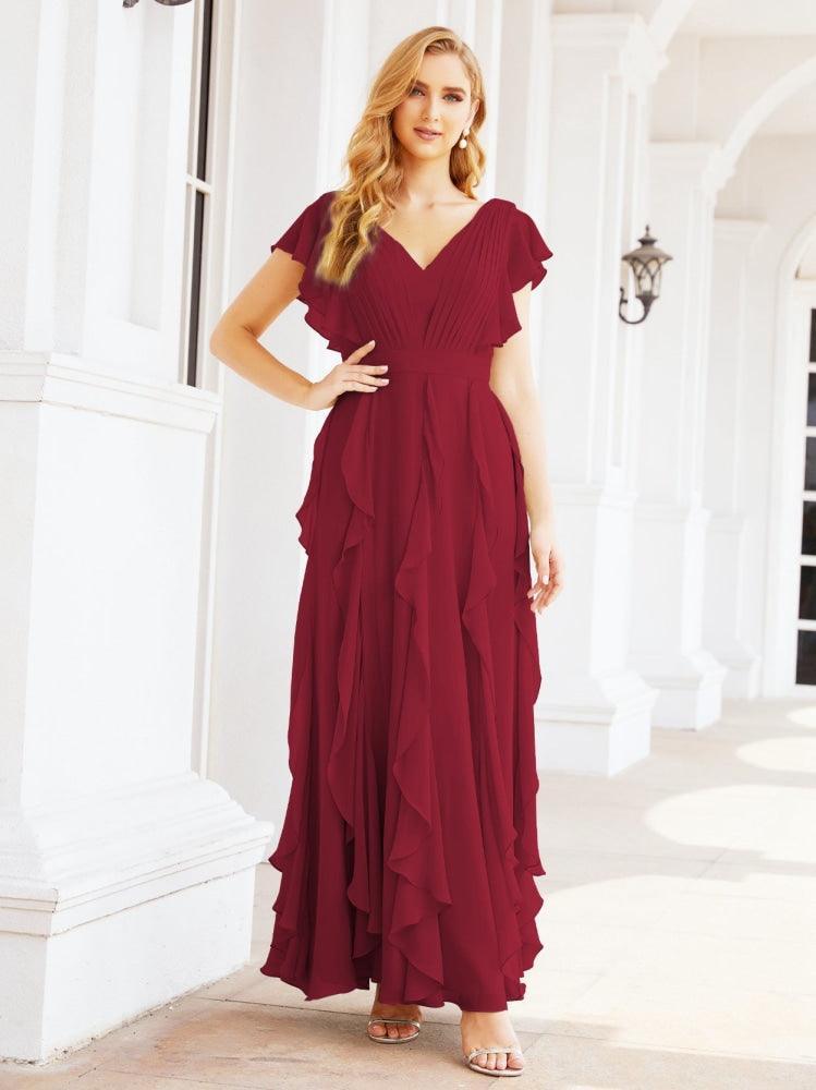 Ruffled Bridesmaid Dresses with Sleeves Long Formal Party Dress 28041