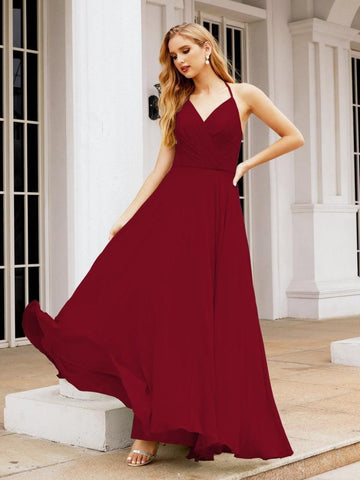 Baoleely Halter Chiffon Bridesmaid Dresses Wedding Appare Sleeveless Formal Prom Dress with Ruffled Back 28035