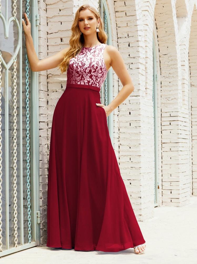Robe de demoiselle d'honneur en dentelle, longueur au sol, avec poches, 28017 