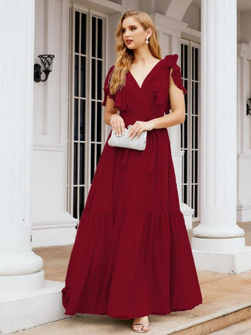 Vestido de fiesta formal de noche con espalda descubierta para mujer Baoleely, escote en V, largo, de gasa, con cinturón a la cintura 28038