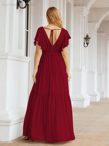 Vestido de fiesta formal de noche con espalda descubierta para mujer Baoleely, escote en V, largo, de gasa, con cinturón a la cintura 28038