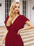 Baoleely Women's Open Back Formal Evening Party Prom Gowns V-Neck Long Chiffon Bridesmaid Dresses with Waist Belt 28038