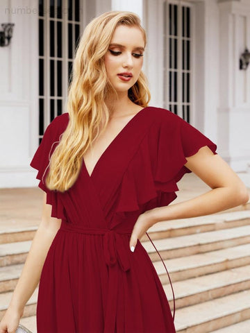 Vestido de fiesta formal de noche con espalda descubierta para mujer Baoleely, escote en V, largo, de gasa, con cinturón a la cintura 28038