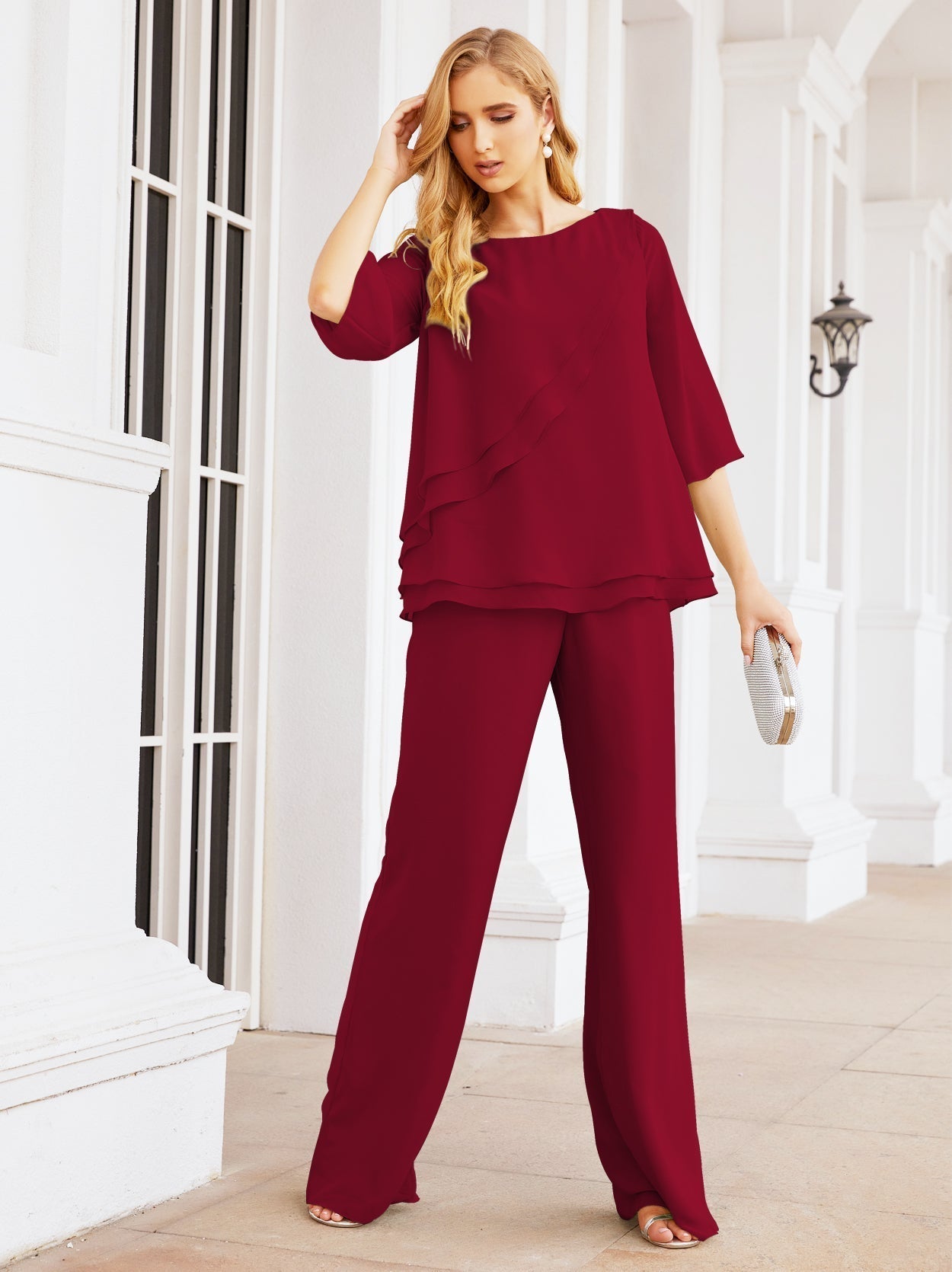 Baoleely Élégante robe mère de la mariée 2 pièces, grande taille, pantalon, volants, couches argentées, peignoir 28064