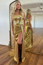 Sparkly Golden Strapless Mirror Metallic Mermaid Long Prom Dress with Slit