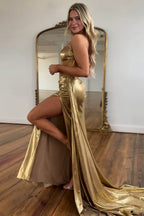 Robe de bal longue sirène bustier métallisée dorée avec fente