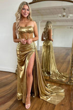 Robe de bal longue sirène bustier métallisée dorée avec fente
