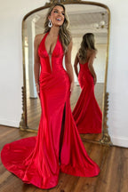 Halter Neck Satin Mermaid Long Corset Prom Dress with Slit