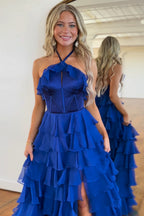 Royal Halter Neck A-Line Chiffon Tiered Long Corset Prom Dress with Slit
