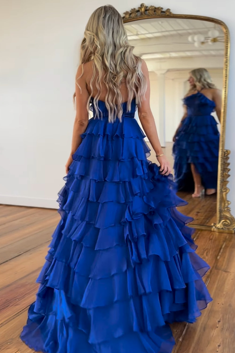 Royal Halter Neck A-Line Chiffon Tiered Long Corset Prom Dress with Slit