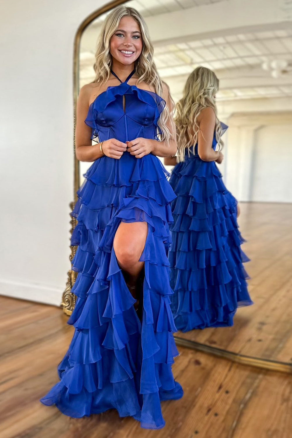 Royal Halter Neck A-Line Chiffon Tiered Long Corset Prom Dress with Slit