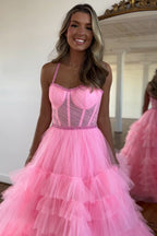 Robe de bal longue à bretelles spaghetti, style princesse, en tulle et corset à volants.