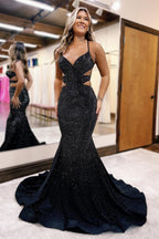 Sparkly Spaghetti Straps Mermaid Long Prom Dress with Beading