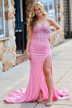 Sparkly Strapless Sequins Mermaid Long Corset Prom Dress with Slit