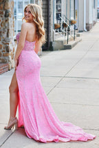 Sparkly Strapless Sequins Mermaid Long Corset Prom Dress with Slit