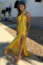 Halter Neck Satin Ruched Mermaid Long Prom Dress with Slit