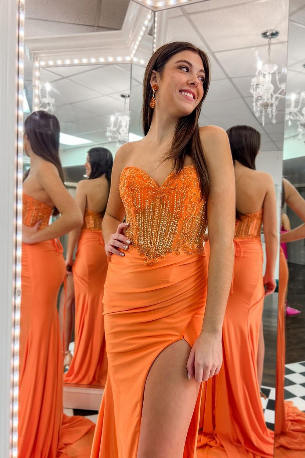 Sweetheart Mermaid Satin Long Corset Prom Dress with Beading