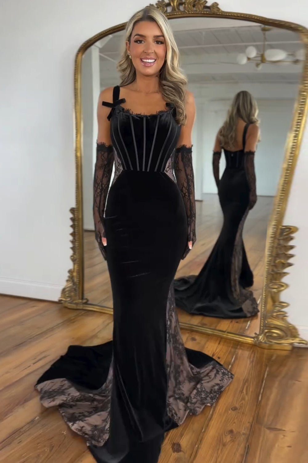 Spaghetti Straps Mermaid Velvet Long Corset Prom Dress  (Gloves are not included)